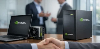 NVIDIA PC Maker Acquisition Rumor Triggers Dell, HP Stock Jump NVIDIA branded desktop PC and laptop with handshake in foreground representing potential acquisition deal with PC manufacturer amid market speculation