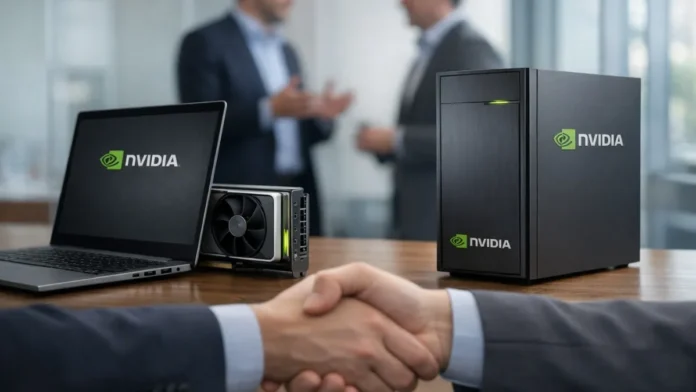 NVIDIA branded desktop PC and laptop with handshake in foreground representing potential acquisition deal with PC manufacturer amid market speculation
