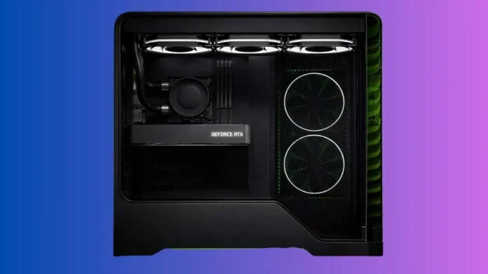 Gaming PC interior featuring Nvidia RTX 5060 and RTX 5060 Ti graphics card setup with cooling fans