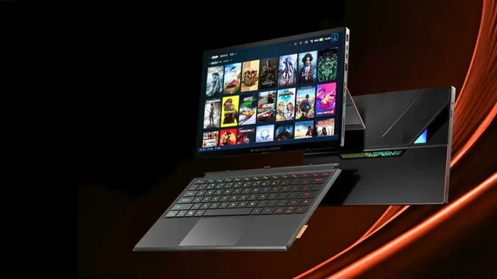 ONEXPLAYER Super V Laptop with detachable RGB keyboard and display setup for gaming and productivity