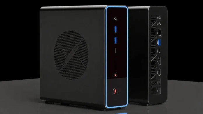 Angled product design view of ONEXStation Mini AI Workstation mini PC chassis