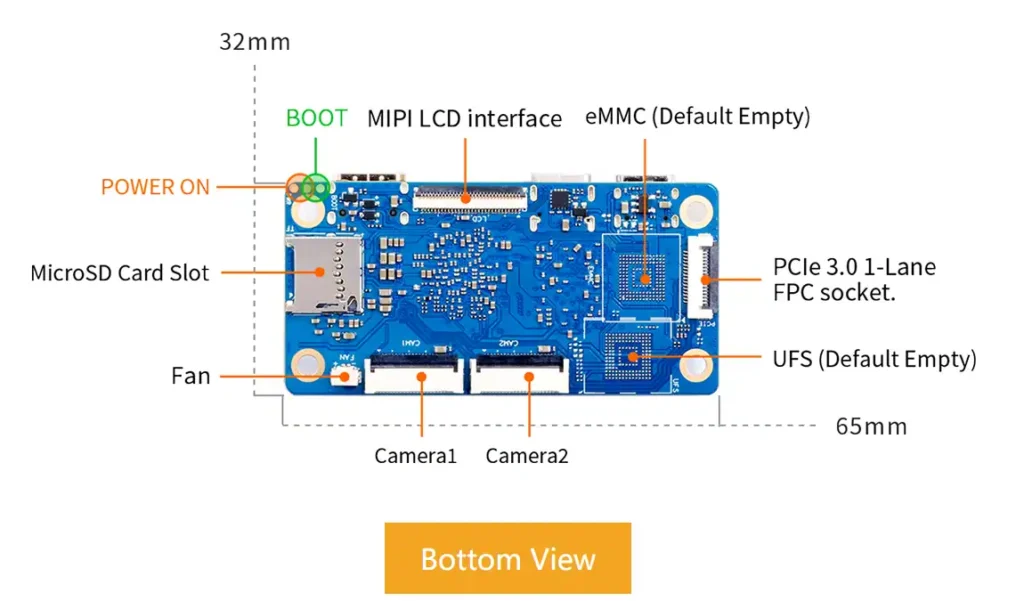 Orange Pi Zero 3W Launches With A733, Up to 16GB RAM and PCIe Expansion 4 Orange Pi Zero 3W bottom view showing microSD card slot MIPI LCD interface PCIe socket camera connectors and internal board layout