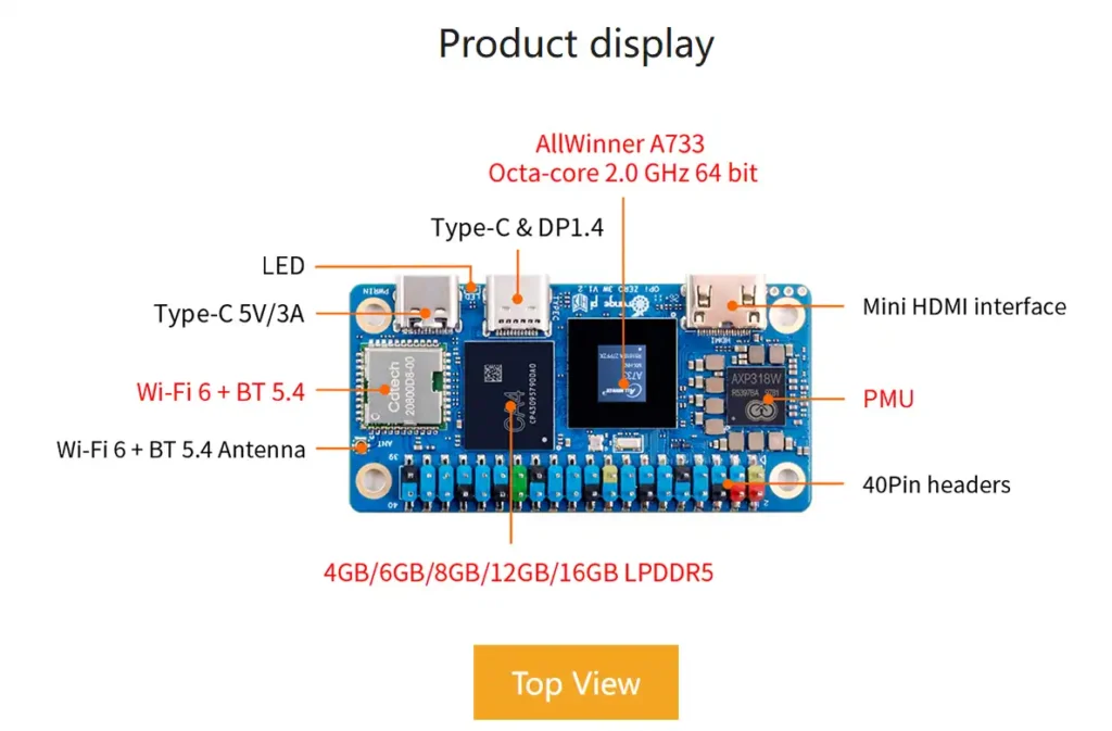 Orange Pi Zero 3W Launches With A733, Up to 16GB RAM and PCIe Expansion 3 Orange Pi Zero 3W top view highlighting Allwinner A733 octa core processor WiFi 6 Bluetooth 5.4 module USB Type C ports mini HDMI and LPDDR5 memory options