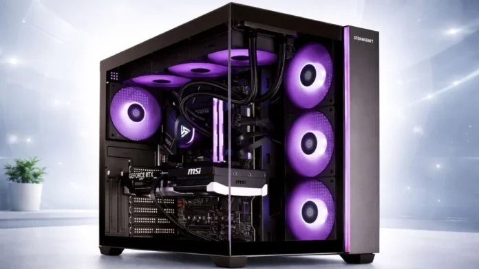 PHANTOM showcase gaming desktop with purple RGB fans tempered glass and GeForce RTX graphics inside