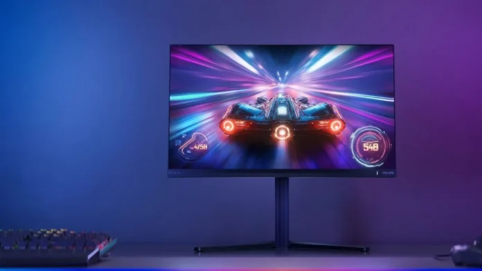 Philips Evnia 27M2N5201P front gaming display view Philips Evnia 27M2N5201P gaming monitor showing front display with racing game on screen