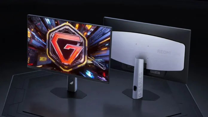 Redmi G24Q gaming monitor shown from front and rear angles with stand and chassis design visible