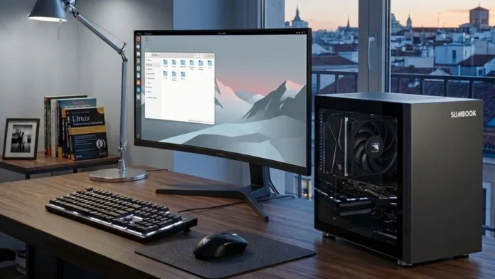 Slimbook Kymera Cristal desktop placed on desk with monitor, keyboard, and mouse in workspace