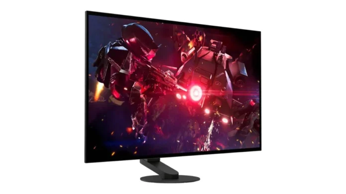 Angled view of Sony INZONE M10S II gaming monitor displaying futuristic action scene