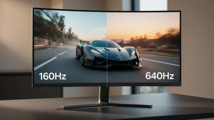 TCL CSOT dual mode gaming panel showing side by side comparison of 160Hz and 640Hz refresh rate with motion clarity difference on fast moving car scene