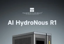 Thermalright AI HydroNous R1 Mini PC listed with Ryzen AI Max+ 395 and Liquid Cooling Thermalright AI HydroNous R1 mini PC front view showing compact body and display panel