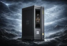 Thermalright AI HydroNous R1 Mini PC listed with Ryzen AI Max+ 395 and Liquid Cooling Thermalright AI HydroNous R1 mini PC placed in dramatic outdoor scene showing compact design and front display