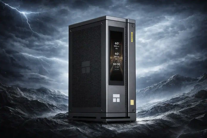 Thermalright AI HydroNous R1 mini PC lifestyle design view Thermalright AI HydroNous R1 mini PC placed in dramatic outdoor scene showing compact design and front display