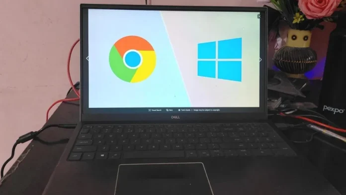 Laptop display showing Chrome and Windows logos representing ChromeOS Flex upgrade for unsupported Windows PCs