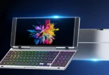 VitaLink 13-Inch 4K Touchscreen Keyboard Dock Turns Phones Into Laptop Setup VitaLink 13-Inch 4K Touchscreen Keyboard shown open with RGB keyboard and built-in display