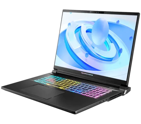 X98W workstation laptop angled view showing display, keyboard lighting, and slim chassis