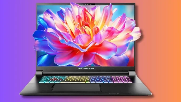 X98W workstation laptop front view showing colorful display and RGB backlit keyboard