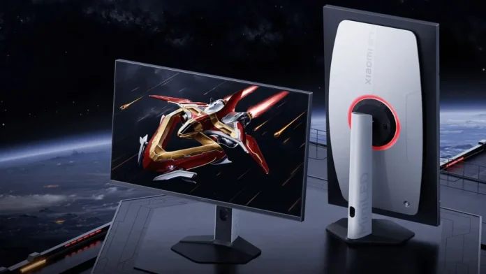 Xiaomi G Pro 27Qi 2026 gaming monitor Front and rear view of Xiaomi G Pro 27Qi 2026 gaming monitor with futuristic spaceship wallpaper